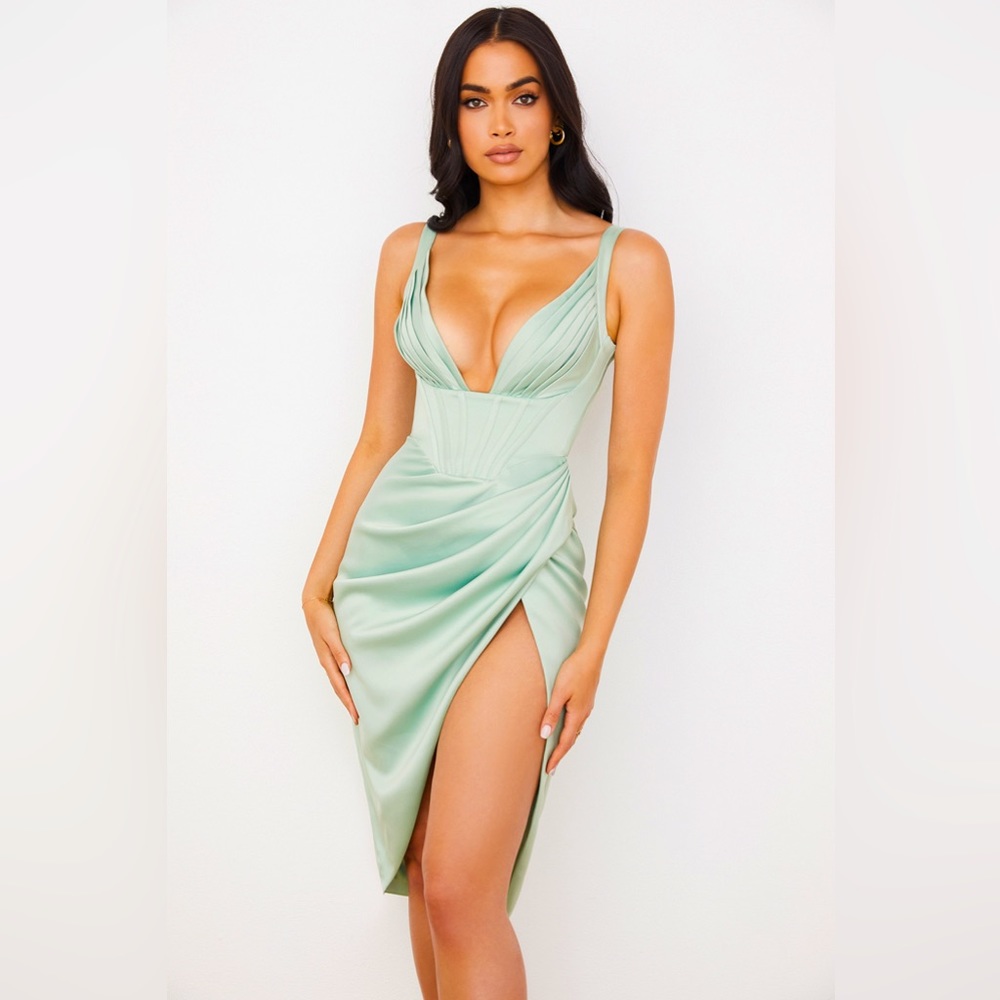 Sage Satin Pleated Midi Dress